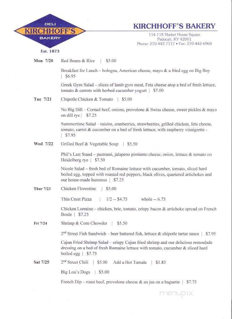 Kirchhoff Deli & Bakery - Paducah, KY menu_pic
