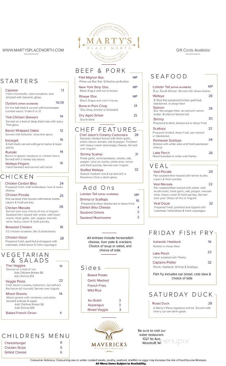 Marty's Place North - Woodruff, WI menu_pic