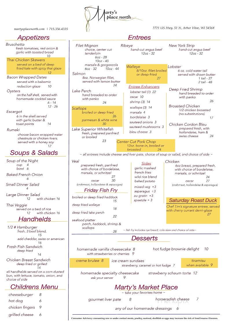 Marty's Place North - Woodruff, WI menu_pic