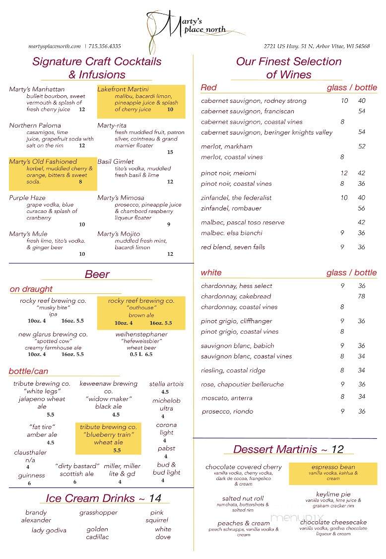 Marty's Place North - Woodruff, WI menu_pic