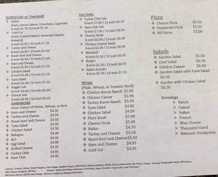 Sub Station - Denton, MD menu_pic