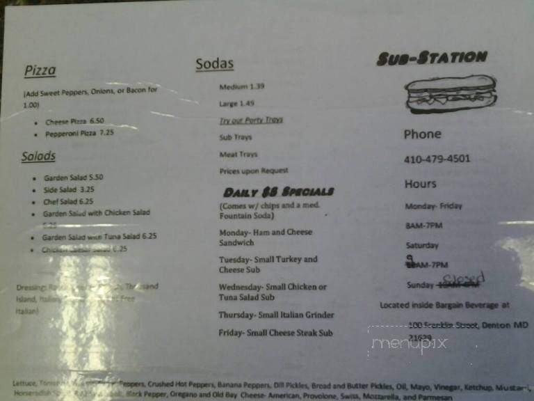 Sub Station - Denton, MD menu_pic