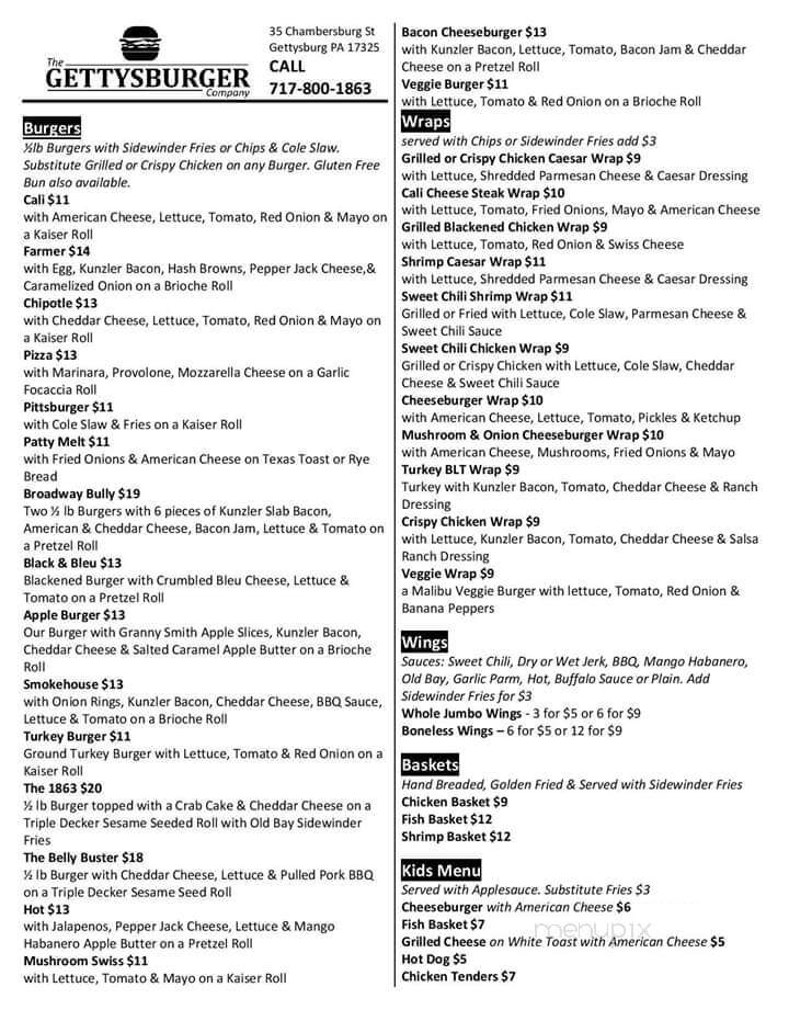 The Gettysburger Company - Gettysburg, PA menu_pic