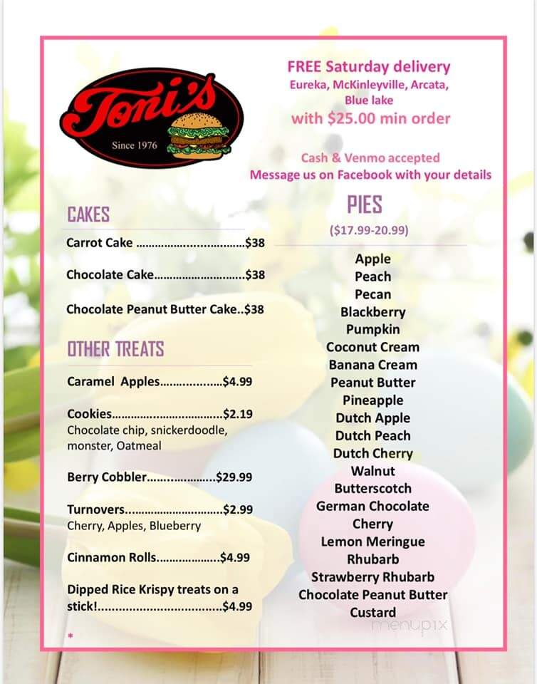 Toni's 24 Hour Restaurant - Arcata, CA menu_pic