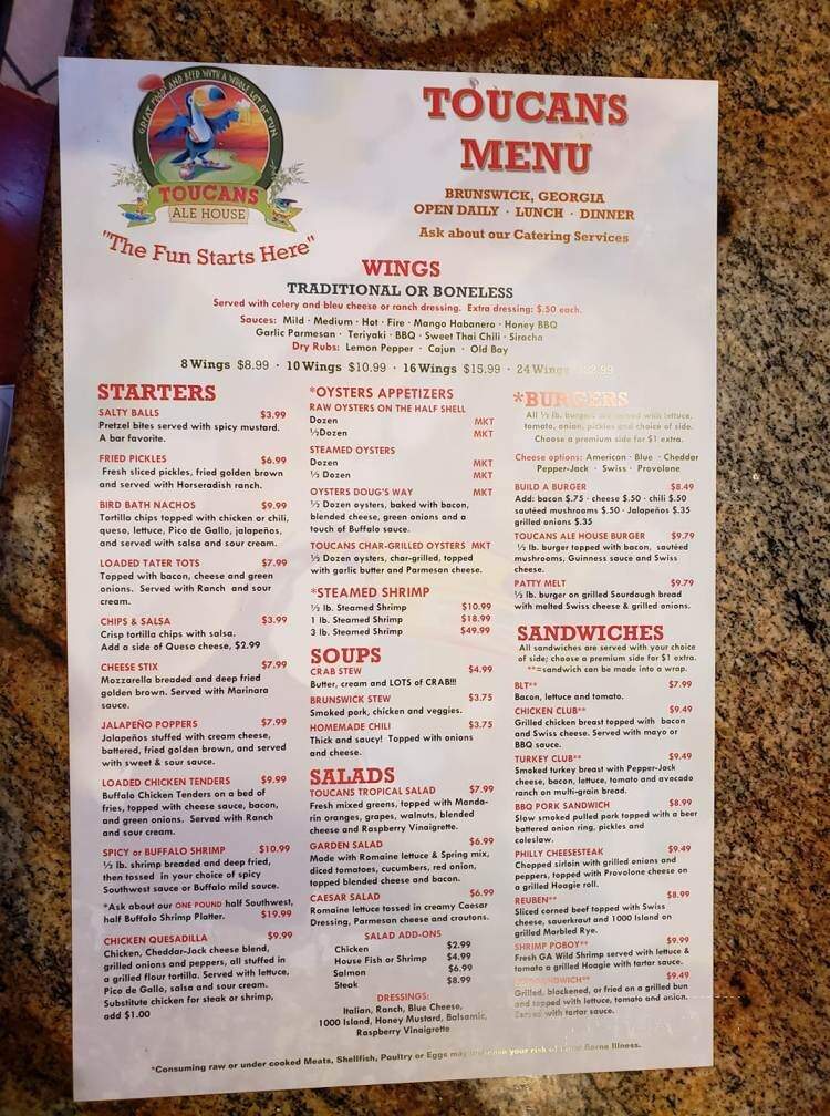 Toucan's Ale House - Brunswick, GA menu_pic