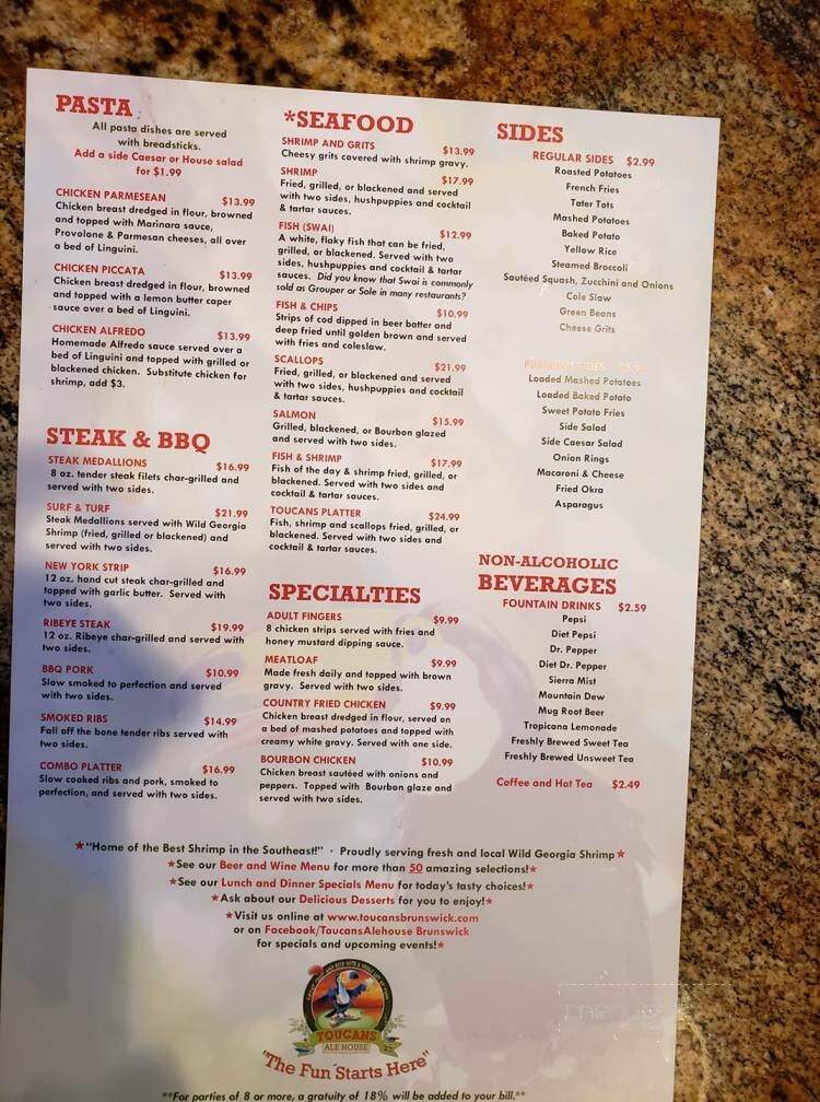 Toucan's Ale House - Brunswick, GA menu_pic