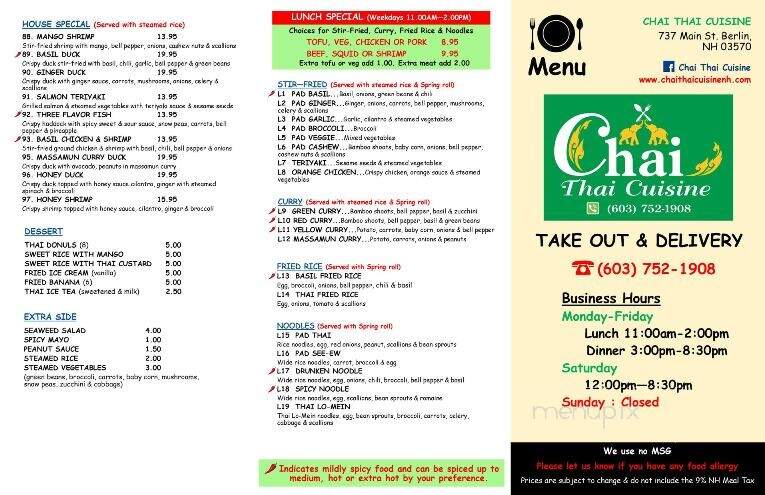 Chai Thai Cuisine - Berlin, NH menu_pic