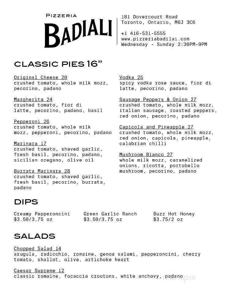 Pizzeria Badiali - Toronto, ON menu_pic