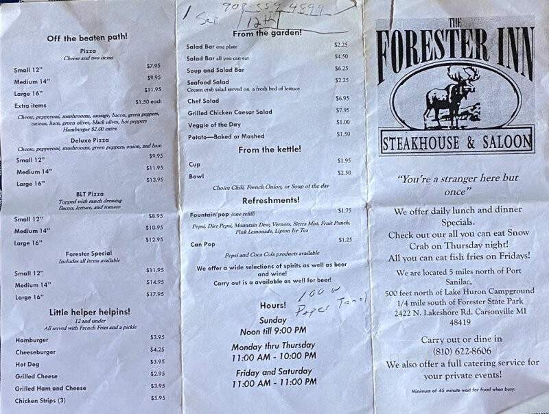 Forester Inn - Port Sanilac, MI menu_pic