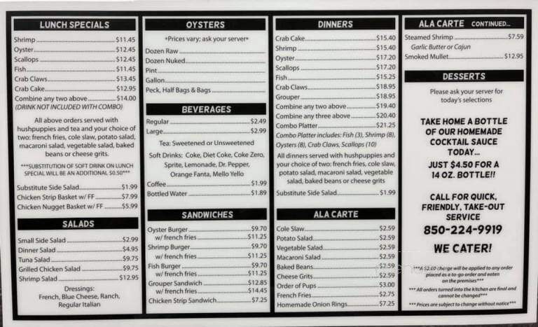 Shell Oyster Bar - Tallahassee, FL menu_pic