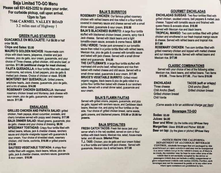 Baja Cantina & Grill - Carmel, CA menu_pic