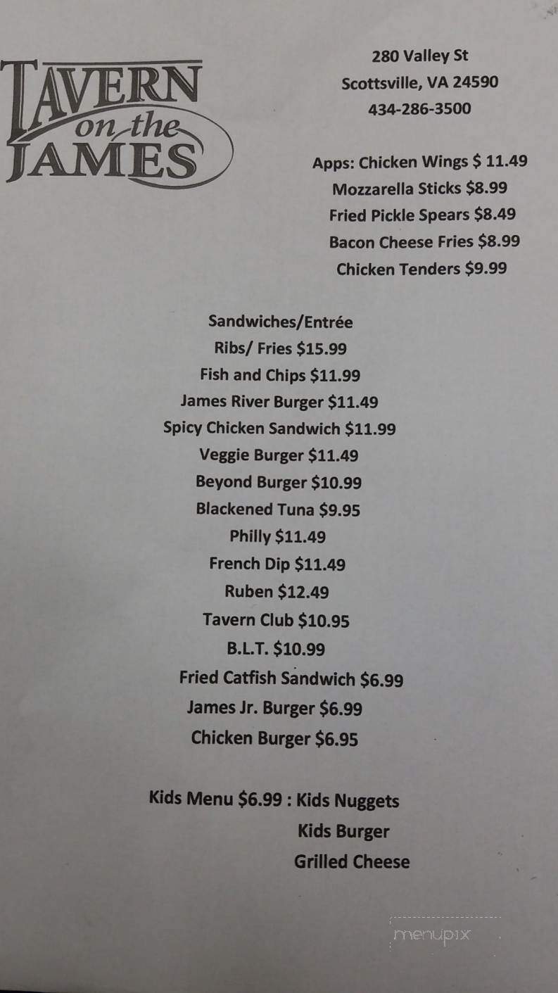 Tavern On The James - Scottsville, VA menu_pic