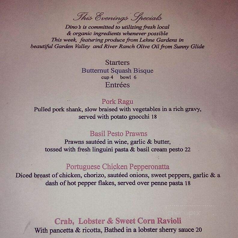 Dino's Ristorante Italiano - Roseburg, OR menu_pic