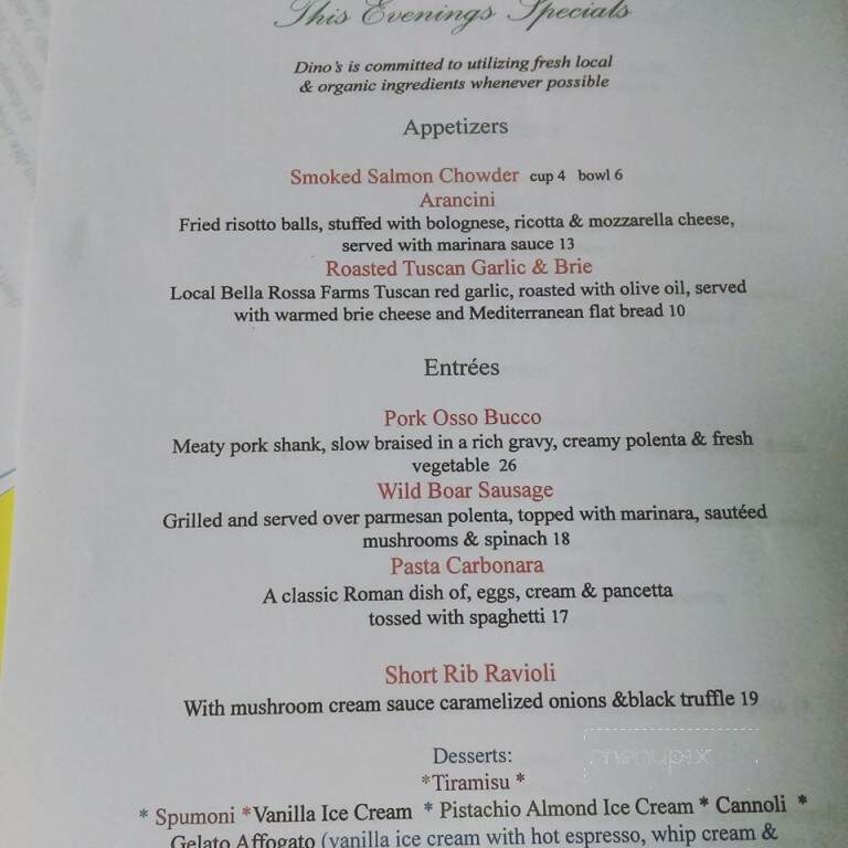 Dino's Ristorante Italiano - Roseburg, OR menu_pic