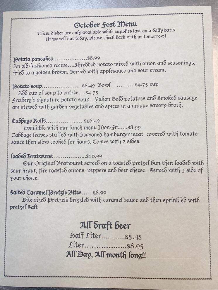 Freiberg's German Restaurant - Johnson City, TN menu_pic
