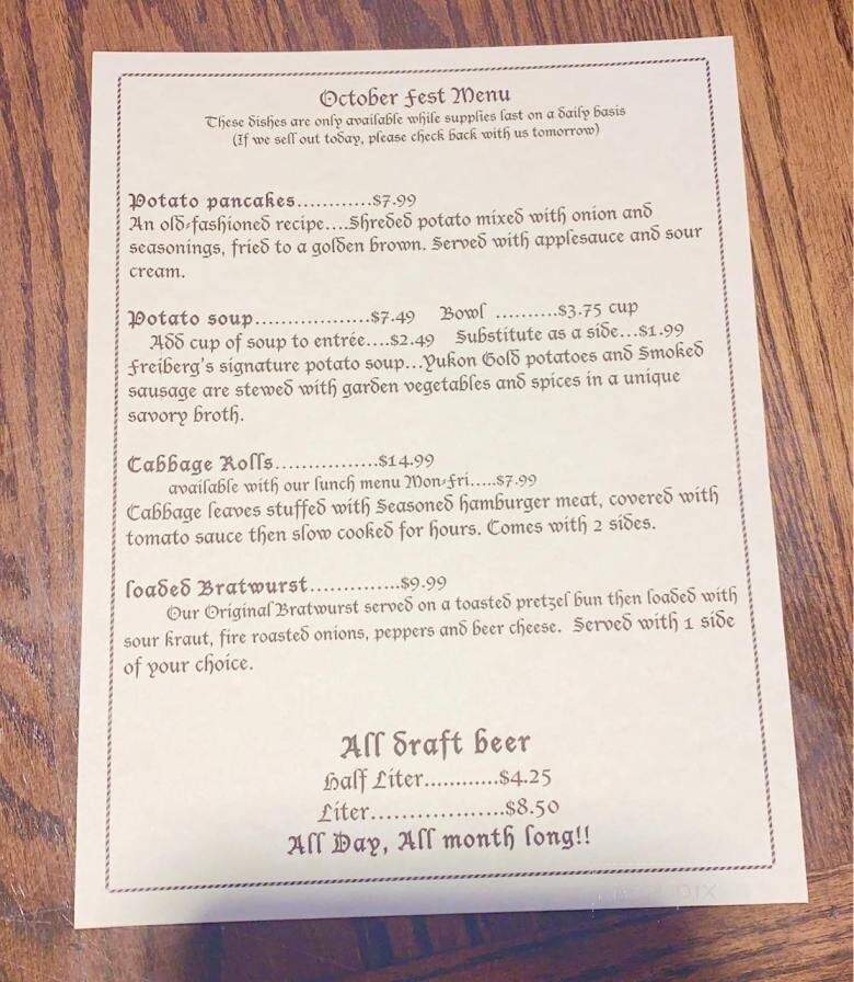 Freiberg's German Restaurant - Johnson City, TN menu_pic