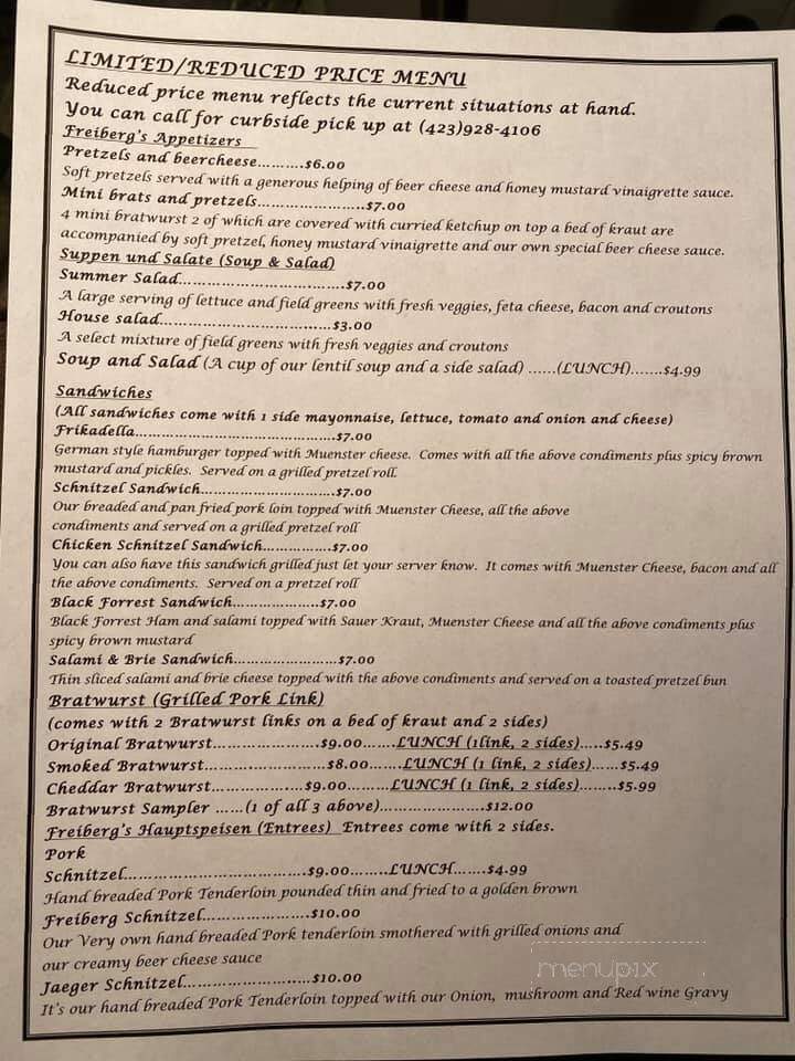 Freiberg's German Restaurant - Johnson City, TN menu_pic