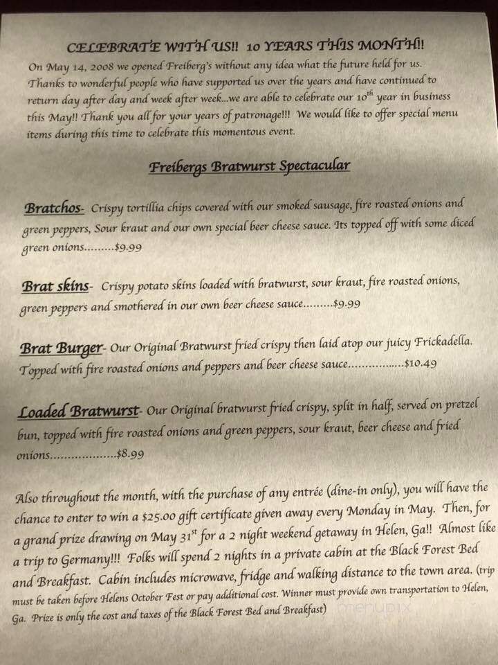 Freiberg's German Restaurant - Johnson City, TN menu_pic