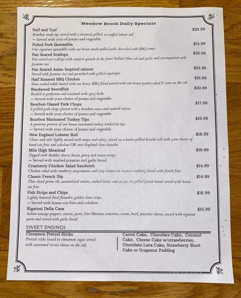 The Meadowbrook Restaurant - Hanson, MA menu_pic