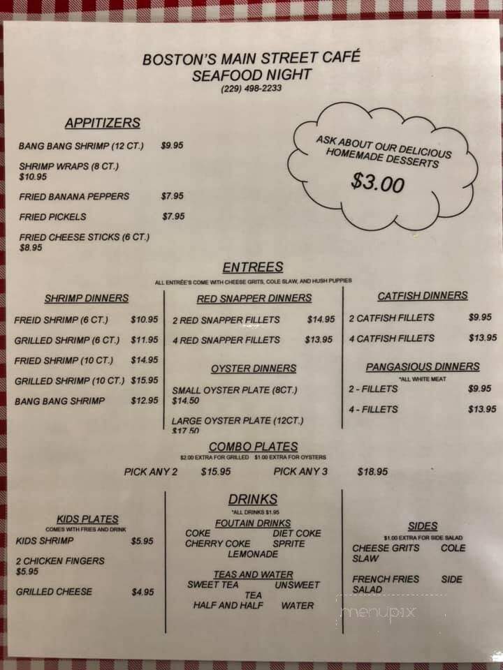 Boston's Main Street Cafe - Boston, GA menu_pic