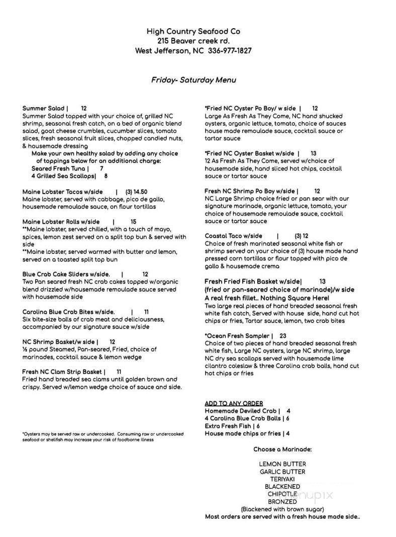 High Country Seafood - West Jefferson, NC menu_pic