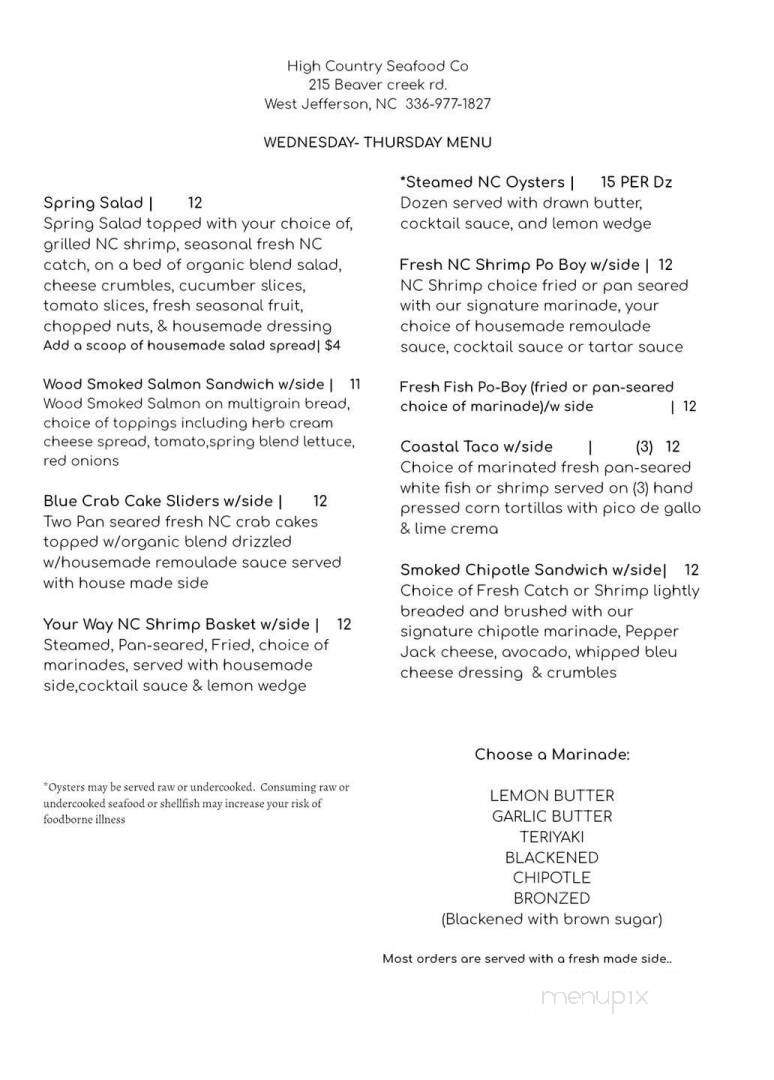High Country Seafood - West Jefferson, NC menu_pic