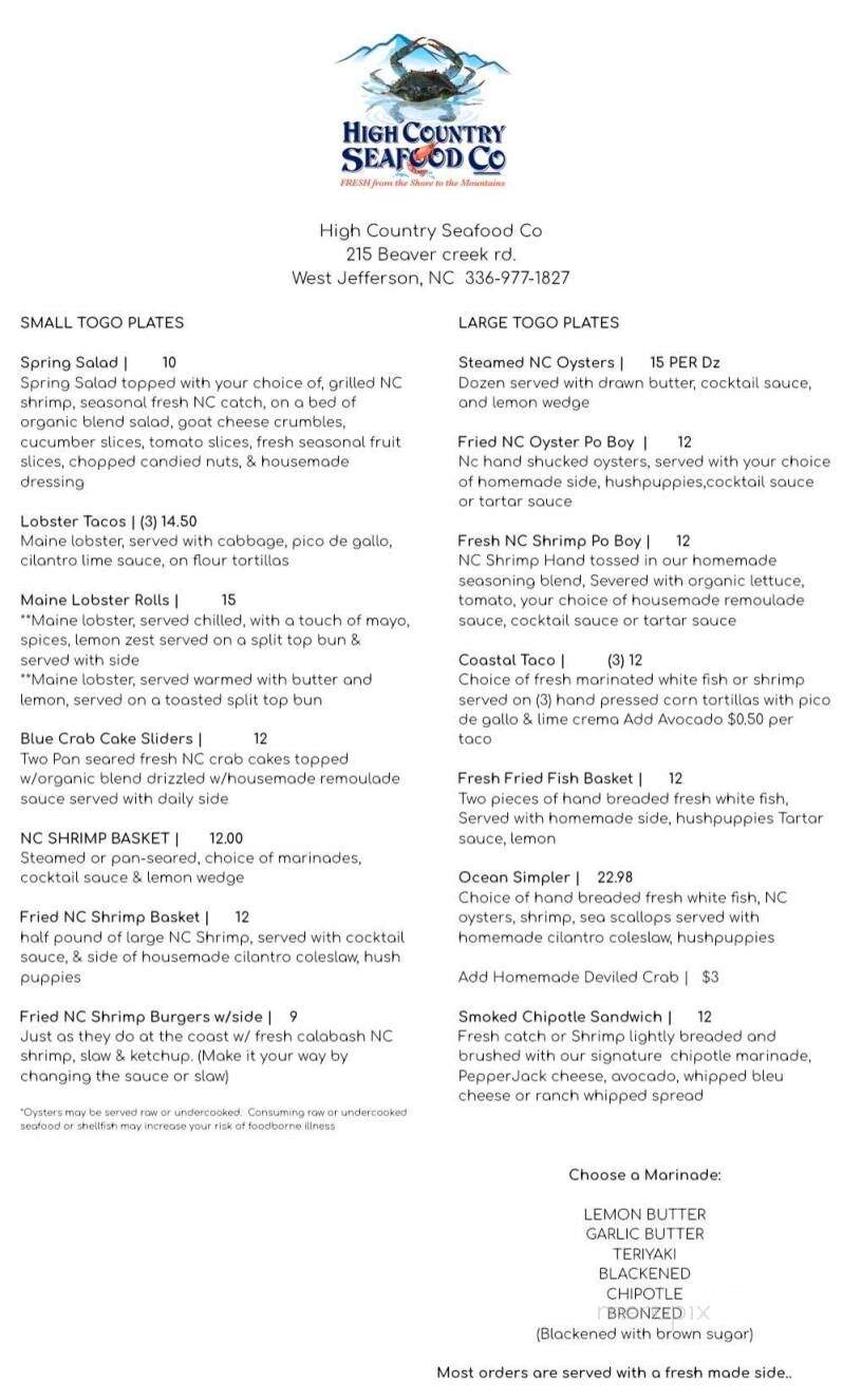 High Country Seafood - West Jefferson, NC menu_pic