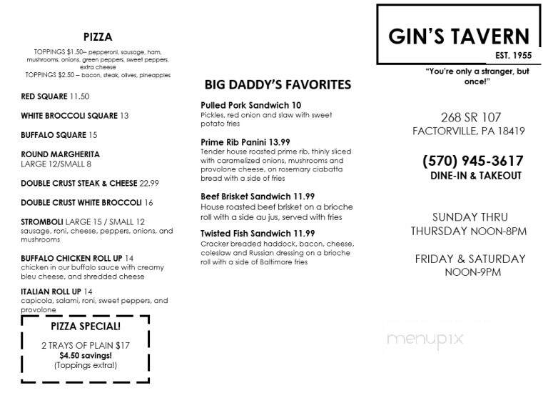 Gin's Tavern - Factoryville, PA menu_pic
