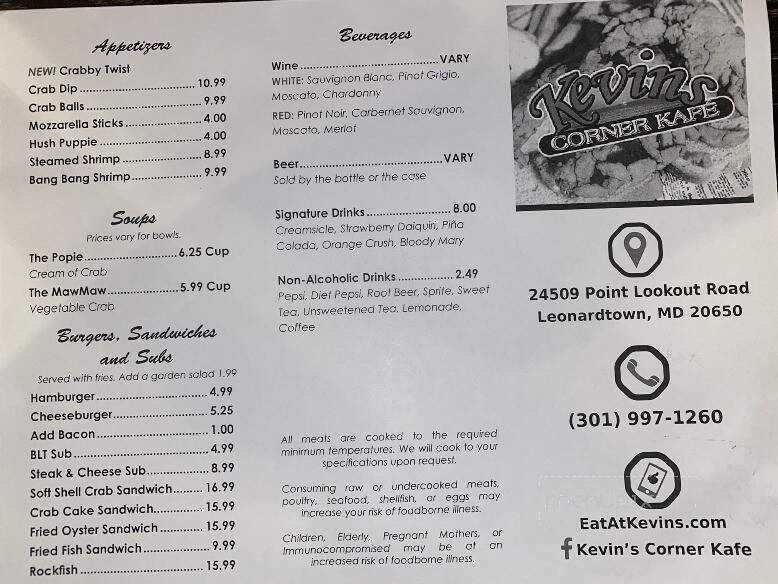 Kevin's Corner Kafe - Leonardtown, MD menu_pic