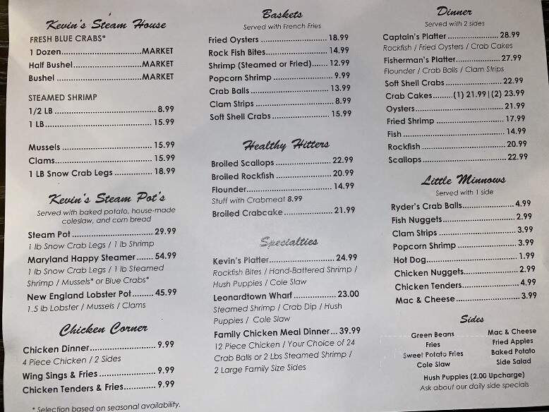 Kevin's Corner Kafe - Leonardtown, MD menu_pic