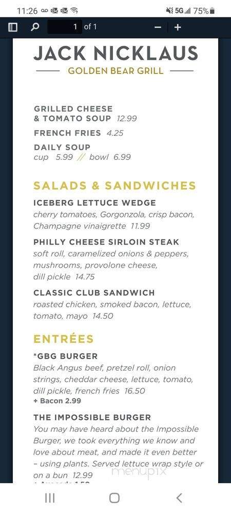 Jack Nicklaus Golden Bear Grill - Charleston, SC menu_pic