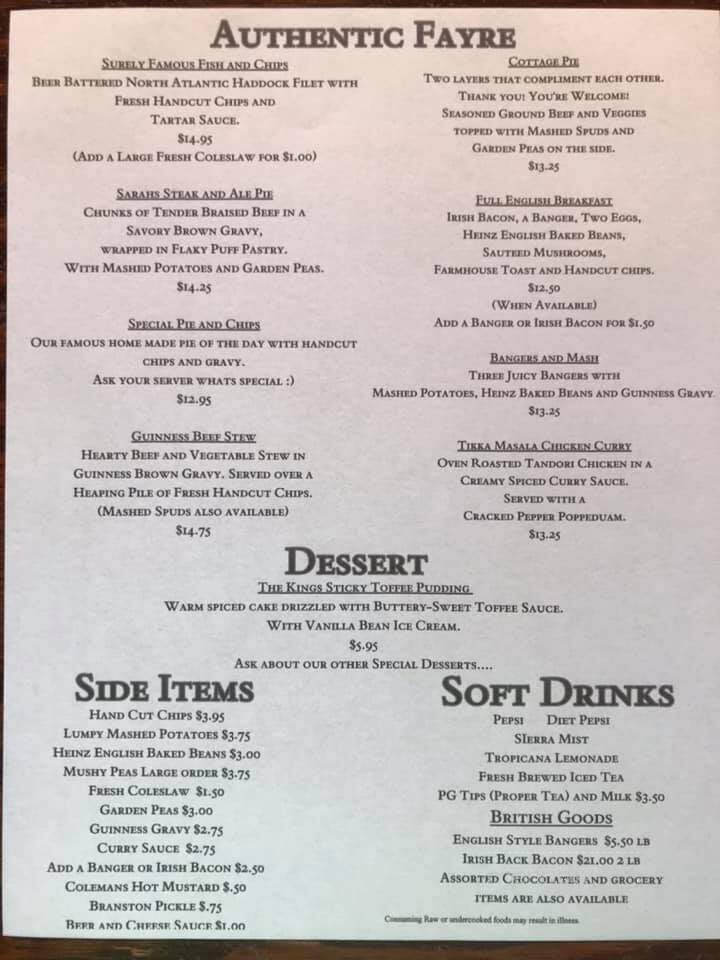Kings Head Pub & Restaurant - Sunrise, FL menu_pic