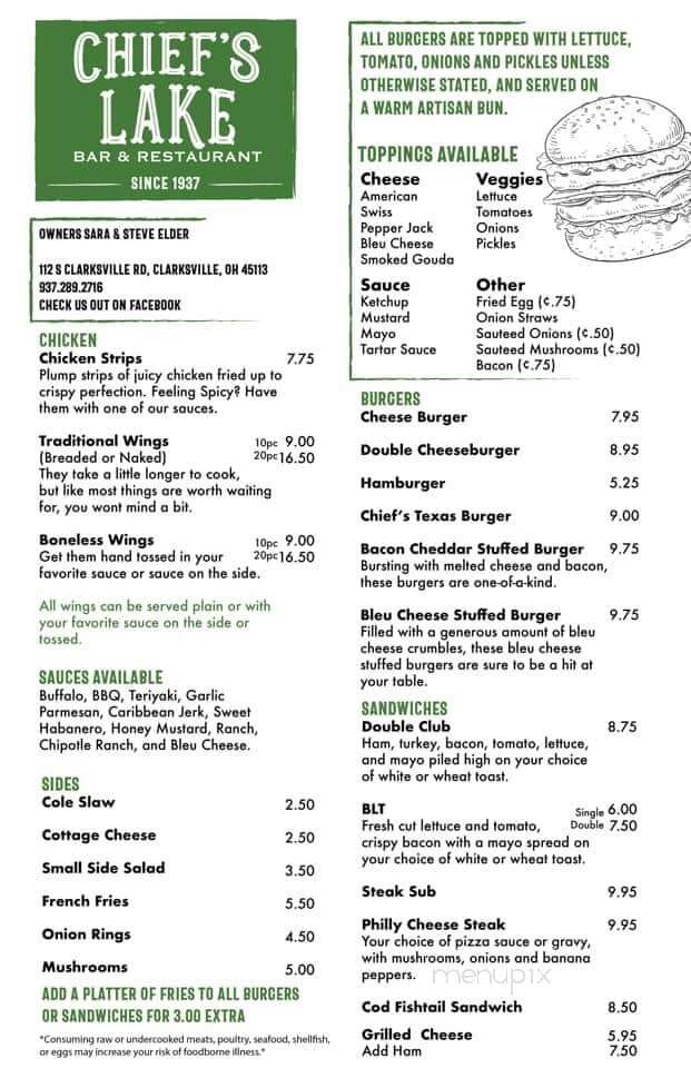 Chief's Lake - Clarksville, OH menu_pic