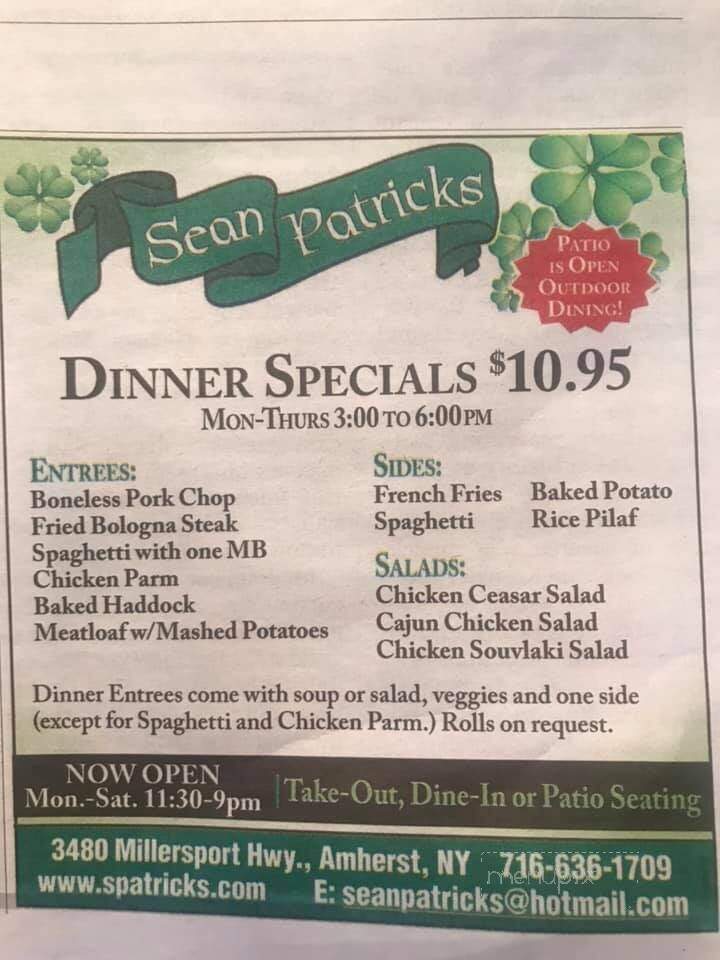 Sean Patrick's Restaurant - Getzville, NY menu_pic