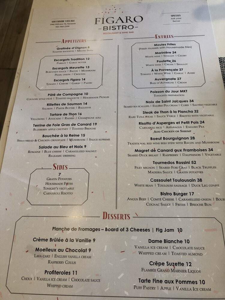 Figaro Bistro - Sarasota, FL menu_pic