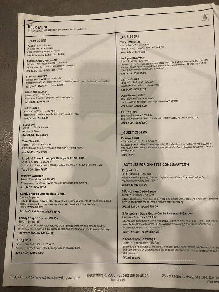 3 Sons Brewing - Dania Beach, FL menu_pic