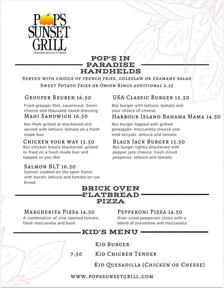 Pops Sunset Grill - Nokomis, FL menu_pic