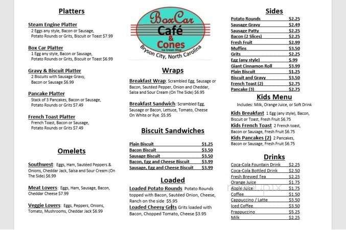 Box Car Cafe - Bryson City, NC menu_pic