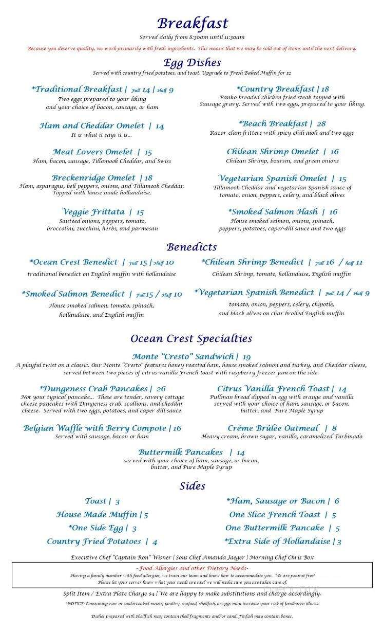 Ocean Crest Resort & Dinner - Moclips, WA menu_pic