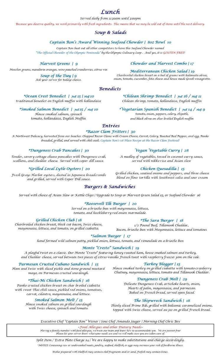 Ocean Crest Resort & Dinner - Moclips, WA menu_pic