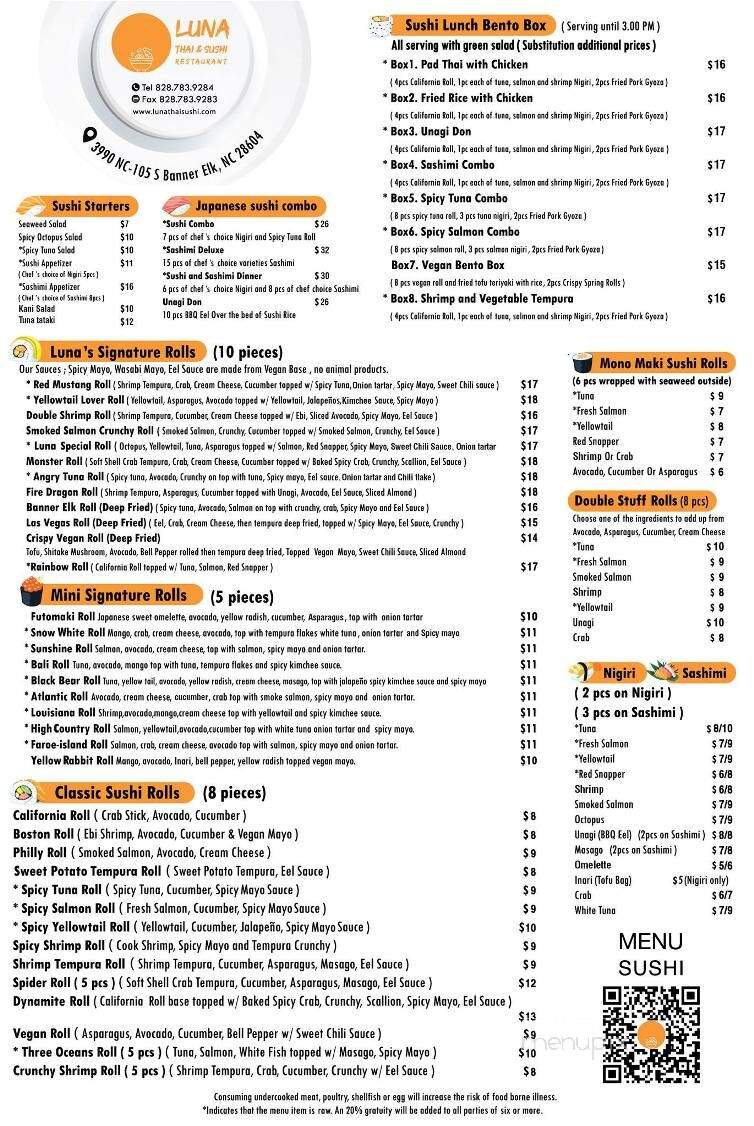 Luna Thai & Sushi Restaurant - Linville, NC menu_pic