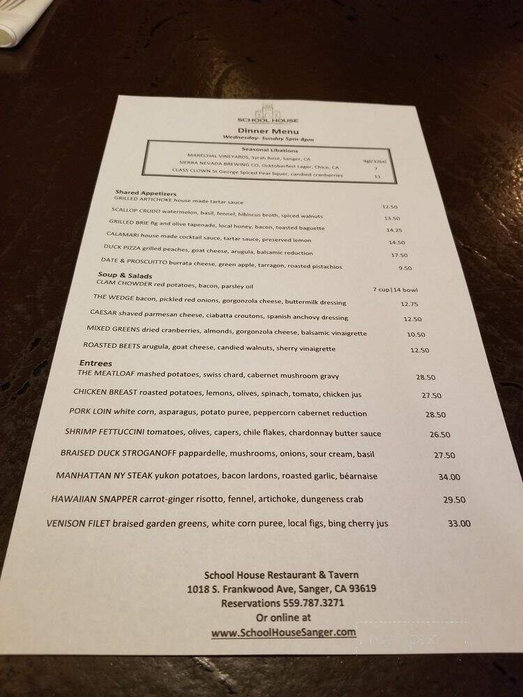 School House Restaurant Tavern - Sanger, CA menu_pic