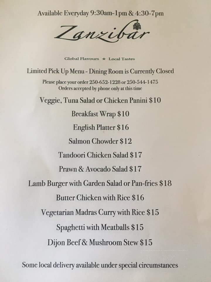 Zanzibar - Brentwood Bay, BC menu_pic