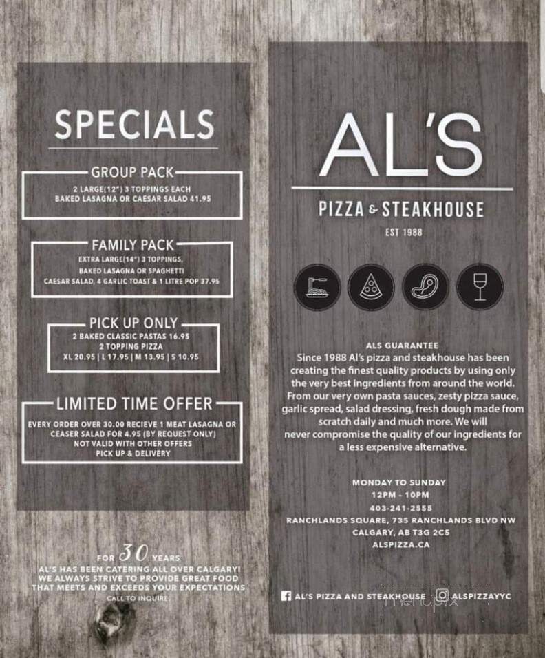 Al's Pizza & Steakhouse - Calgary, AB menu_pic