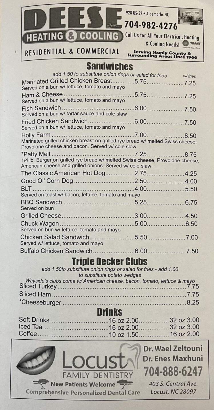Wayside Family Restaurant of Stanfield - Stanfield, NC menu_pic