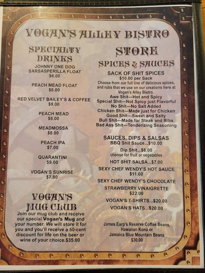 Vogan's Alley Bar - Tombstone, AZ menu_pic