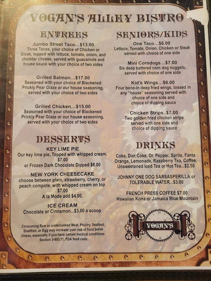 Vogan's Alley Bar - Tombstone, AZ menu_pic