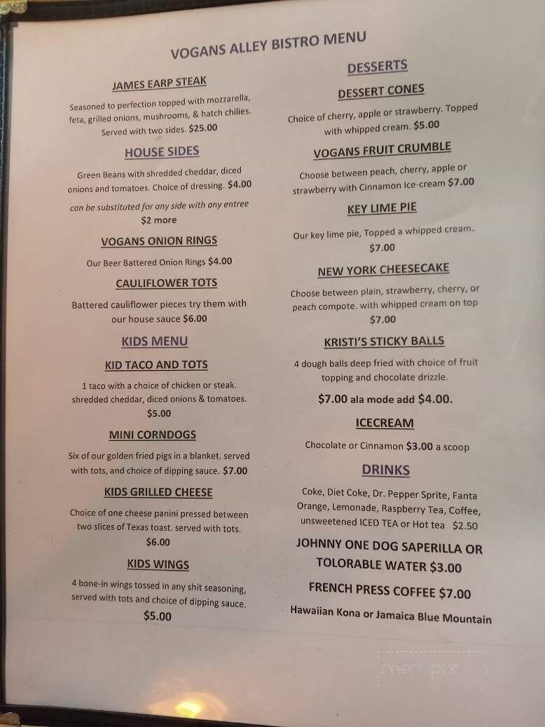 Vogan's Alley Bar - Tombstone, AZ menu_pic
