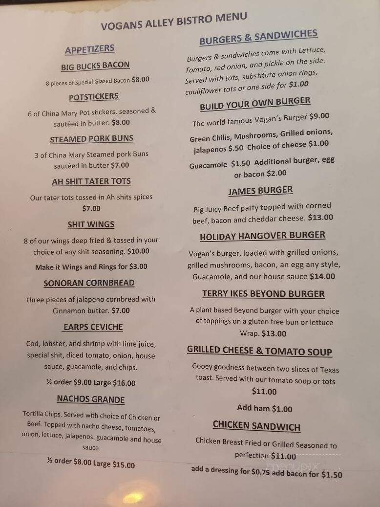 Vogan's Alley Bar - Tombstone, AZ menu_pic