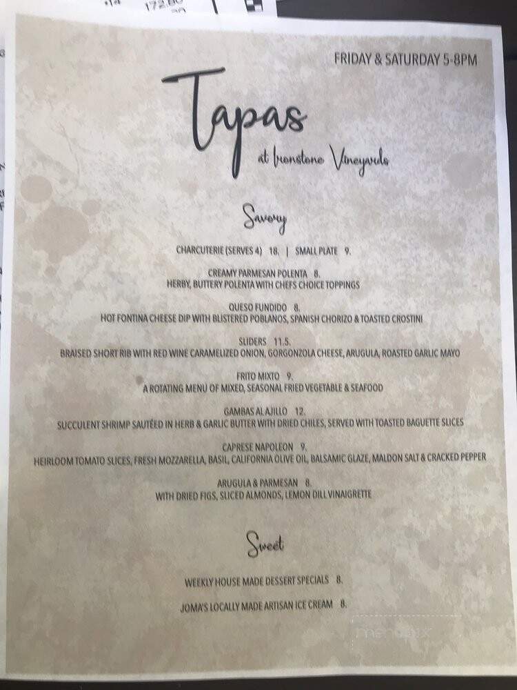 Ironstone Vineyards - Murphys, CA menu_pic